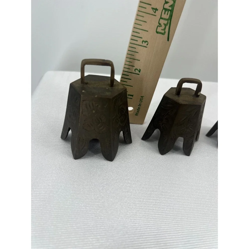 Vintage Bells of Sarna India Brass Bells Set of 3 Etched Floral Graduated